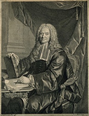 view François Chicoyneau. Line engraving by J. G. Wille, 1744, after P. Le Sueur.