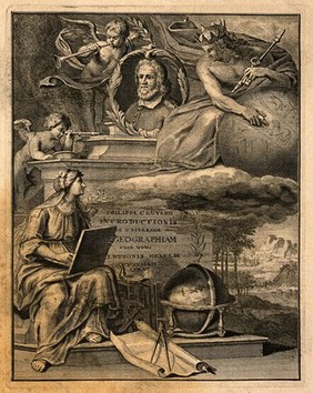 Philipp Cluverius: portrait and allegory of his work on geography. Line engraving.