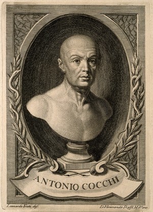 view Antonio Cocchi. Line engraving by V. Rossi, 1758, after L. Frati.
