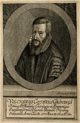 Volcher Coiter. Etching by J. F. Leonart, 1669, after N. Neufchatel, 1575.