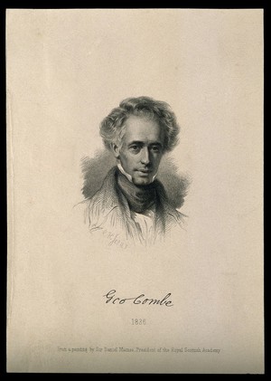 view George Combe. Stipple engraving by C. H. Jeens, 1878, after Sir D. Macnee.