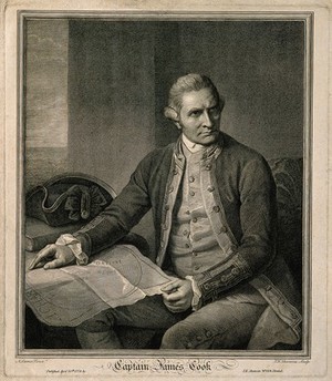 view James Cook. Line engraving by J. K. Sherwin, 1779, after Sir N. Dance-Holland, 1776.