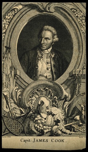 view James Cook. Line engraving by G. A. Liebe after Sir N. Dance-Holland, 1776.