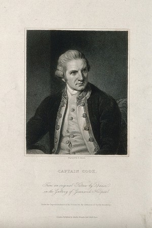 view James Cook. Line engraving by E. Scriven after Sir N. Dance-Holland, 1776.