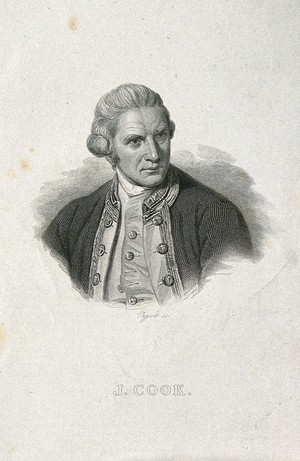 view James Cook. Line engraving by F. Pigeot after Sir N. Dance-Holland, 1776.