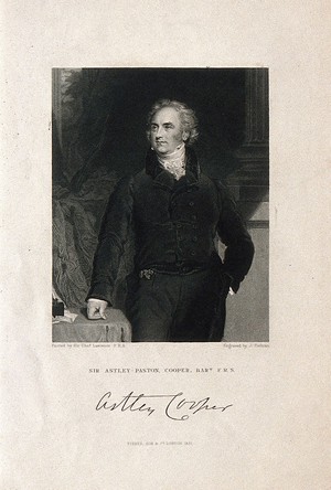 view Sir Astley Paston Cooper. Stipple engraving by J. Cochran, 1831, after Sir T. Lawrence.