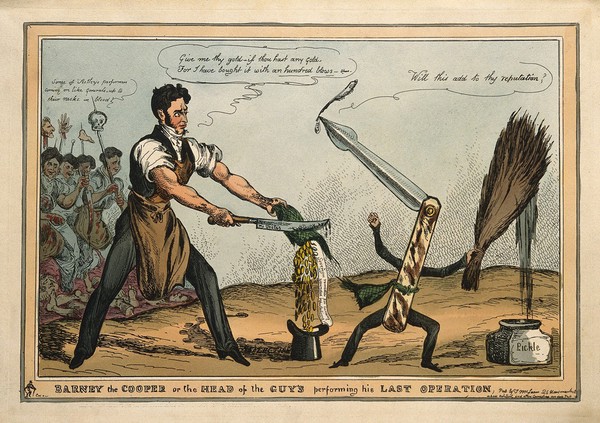 Bransby Blake Cooper, acquiring gold coins by his appointment to Guy's Hospital, is attacked by a lancet, representing the journal The lancet and its editor Thomas Wakley. Coloured etching by W. Heath (Paul Pry), 182-.