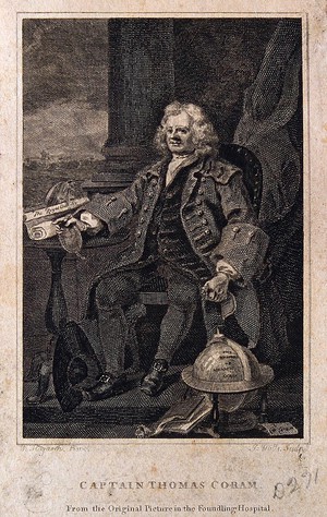 view Thomas Coram, seated at his desk, with a globe on the floor. Engraving by J. Mills after W. Hogarth.