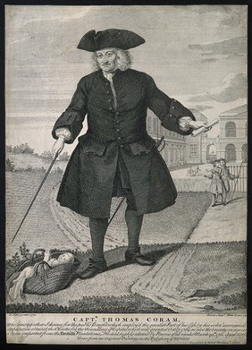 Thomas Coram, in the foreground an infant in a basket, in the background the Foundling Hospital. Line engraving by J. Brooke, 1751, after B. Nebot, 1741.