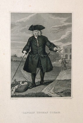 Thomas Coram, in the foreground an infant in a basket, in the background the Foundling Hospital. Line engraving by J. W. Cook after B. Nebot, 1741.