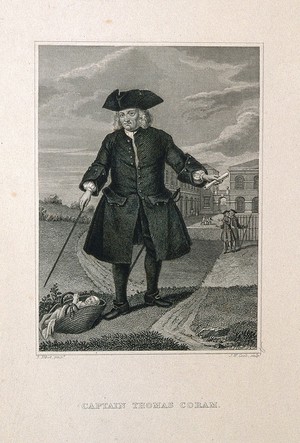 view Thomas Coram, in the foreground an infant in a basket, in the background the Foundling Hospital. Line engraving by J. W. Cook after B. Nebot, 1741.