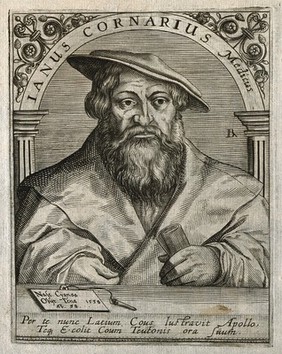 Janus Cornarius. Line engraving by T. de Bry.