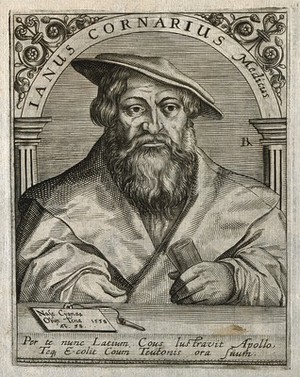 view Janus Cornarius. Line engraving by T. de Bry.