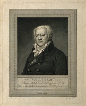 view Jean-Nicolas, Baron Corvisart. Line engraving by M. Blot, 1809, after F. P. S. Gérard.