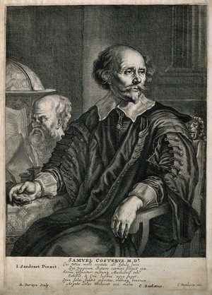 view Samuel Coster. Line engraving by R. Perzyn after J. Sandrart.