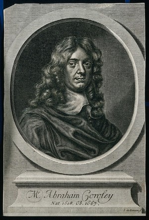 view Abraham Cowley. Line engraving by J. de Leeuw, 1710, after Sir P. Lely.