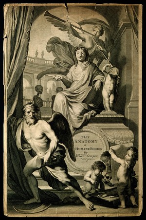 view Time pushes back a curtain to reveal Fame greeting a woman representing Anatomy; below, putti study anatomy. Line engraving, 1698.