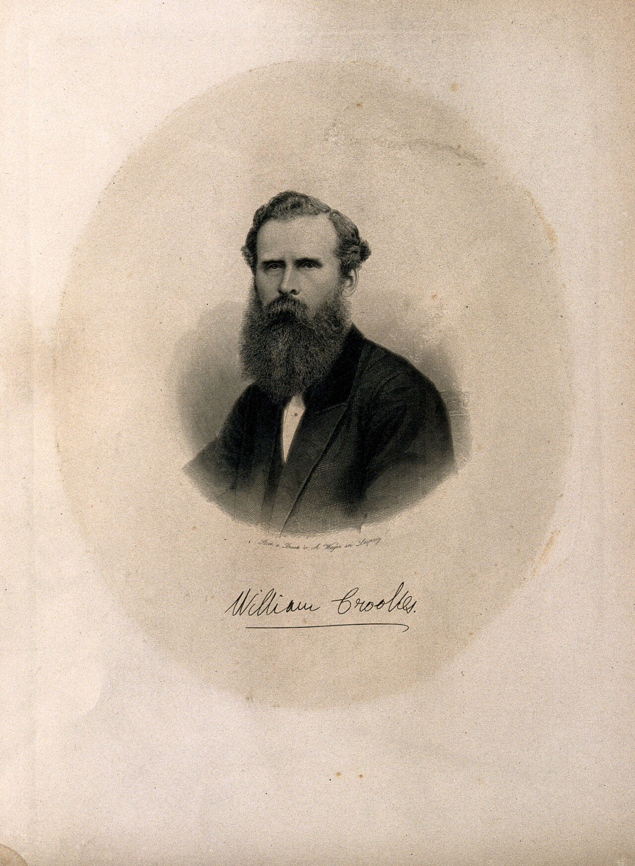 Sir William Crookes. Stipple engraving by A. Weger., 1800-1899, by August Weger