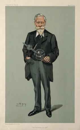 Sir William Crookes, holding a Crookes Tube. Colour lithograph after L. Ward [Spy].