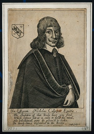 view Nicholas Culpeper. Line engraving by T. Cross, 1649.