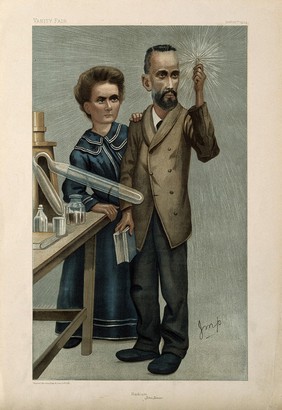 Marie and Pierre Curie, he holding up a glowing specimen of radium. Colour lithograph by Vincent Brooks, Day & Son after J. M. Price [Imp, JMP], 1904.