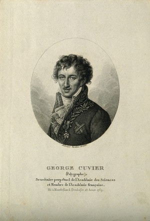 view Georges-Léopold-Chrétien-Frédéric-Dagobert, Baron Cuvier. Stipple engraving by A. Tardieu.