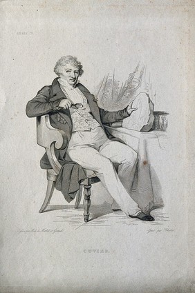 Georges-Léopold-Chrétien-Frédéric-Dagobert, Baron Cuvier. Line engraving by A. J. Chollet after Lizinka de Mirbel and Giraud.