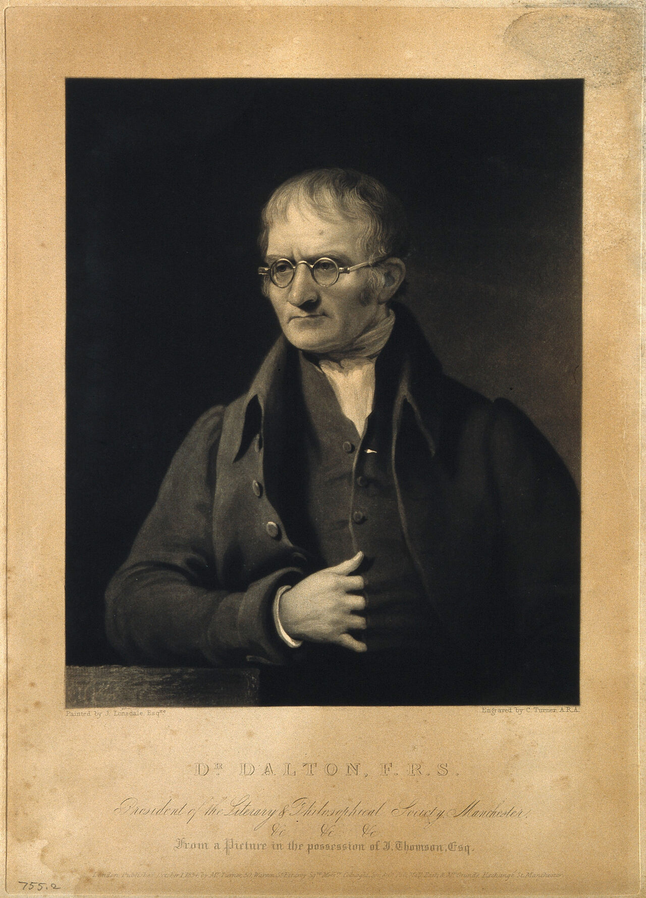 John Dalton. Mezzotint by C. Turner, 1834, after J. Lonsdale., 1834, by James Lonsdale