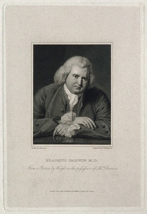 view Erasmus Darwin. Line engraving by J. T. Wedgwood, 1820 after J. Thurston after J. Wright, 1770.