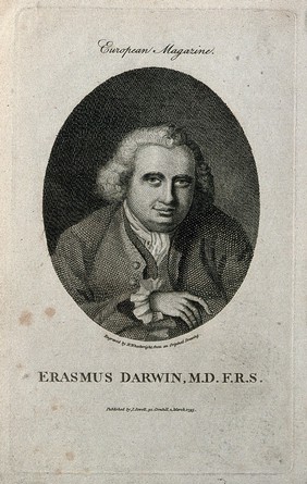 Erasmus Darwin. Line engraving by H. Wheelwright, 1795, after J. Wright, 1770.