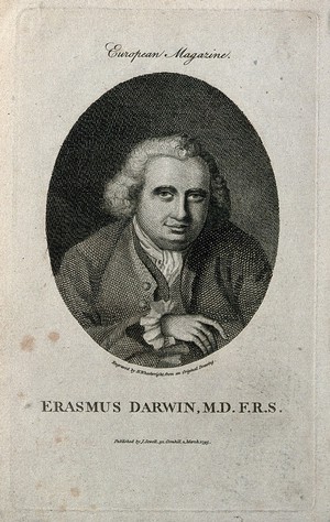 view Erasmus Darwin. Line engraving by H. Wheelwright, 1795, after J. Wright, 1770.