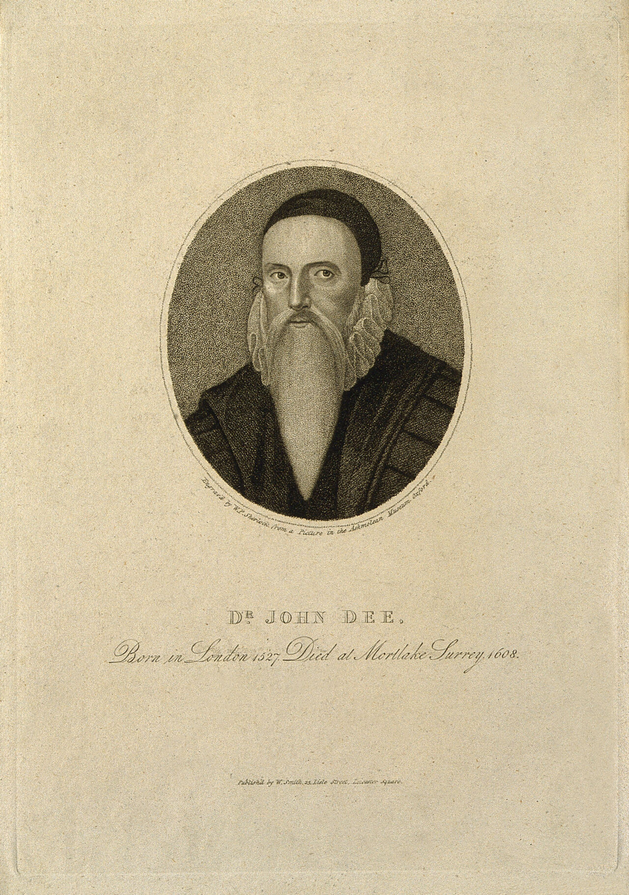 John Dee. Stipple engraving by W. P. Sherlock., by William Pengree Sherlock