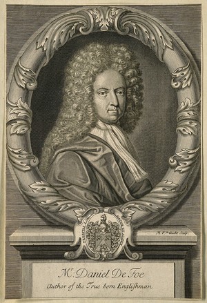 view Daniel Defoe. Line engraving by M. van der Gucht, 1706, after himself.
