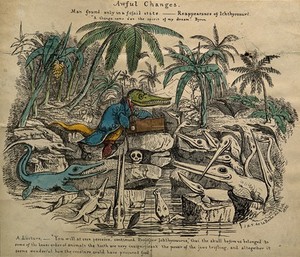 view Ichthyosaurs attending a lecture on fossilised human remains. Lithograph by Sir Henry de la Bèche, 1830, after his drawing.