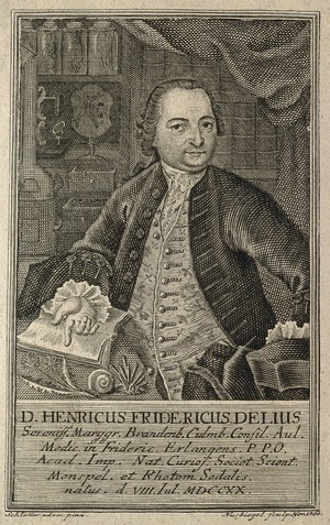 view Heinrich Friedrich von Delius. Line engraving by G. P. P. Nusbiegel, 1760, after Schlütter.