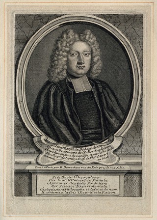 Jean-Théophile Desaguliers. Line engraving by E. Desrochers, ca. 1720.