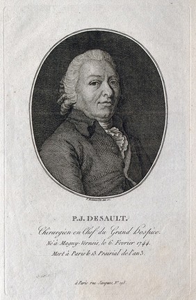 Pierre-Joseph Desault. Line engraving by F. Bonneville after C. N. Cochin, 1788.