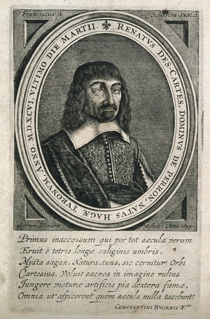 view René Descartes. Line engraving by F. à Schooten, 1644.