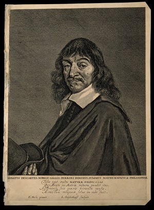 view René Descartes. Line engraving by J. Suyderhoeff after F. Hals, 1649.