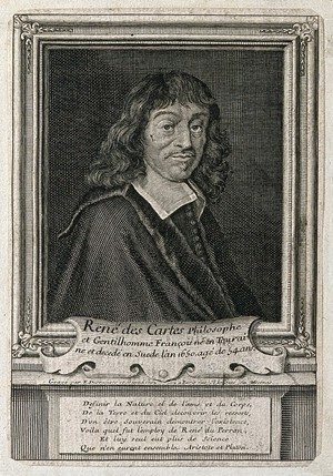 view René Descartes. Line engraving by E. Desrochers after F. Hals, 1649.