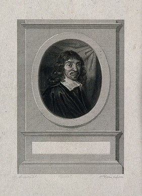 René Descartes. Line engraving by T. Caron, 1822, after Devéria after F. Hals, 1649.