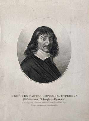 view René Descartes. Stipple engraving by A. Tardieu after F. Hals, 1649.