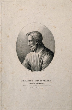 view Pedanios Dioscorides. Stipple engraving by A. Tardieu after Visconti.