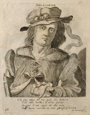 view Pedanios Dioscorides. Line engraving by G. Burnacini.