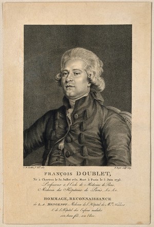 view François Doublet. Stipple engraving by B. Roger, 1809, after C. N. Cochin, junior, 1787.