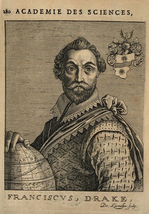 view Sir Francis Drake. Line engraving by N. de Larmessin, 1682.