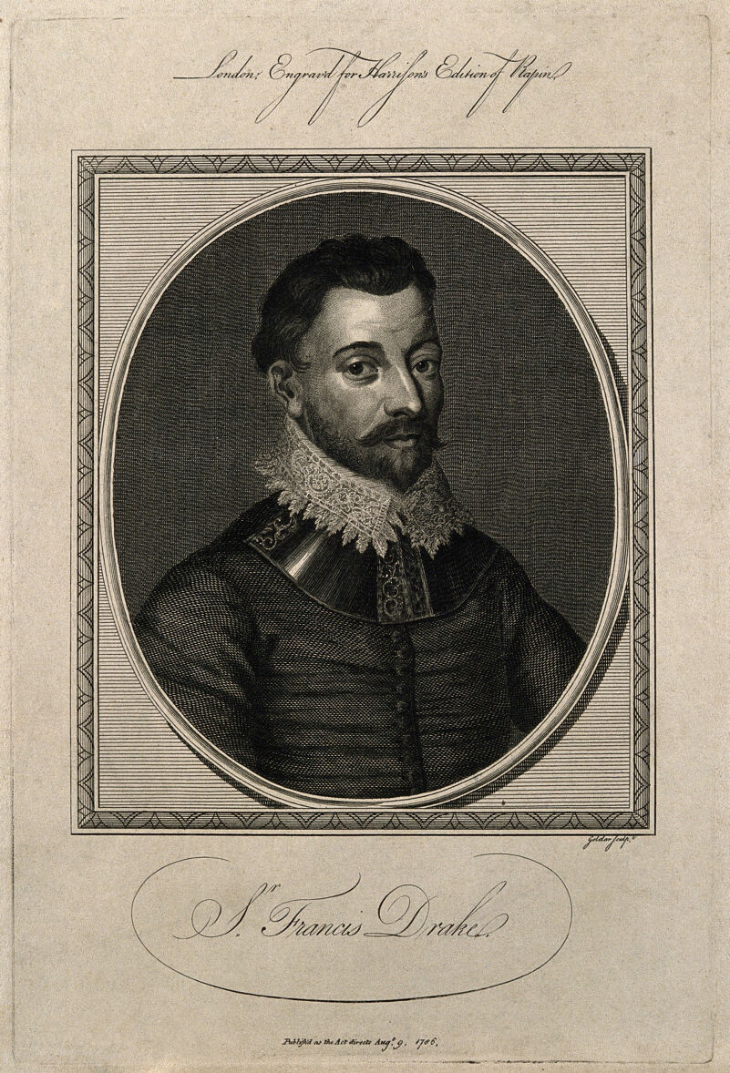 Sir Francis Drake. Line engraving by J. Goldar, 1786., 1786, by John Goldar