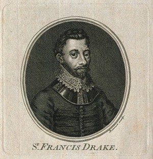 view Sir Francis Drake. Engraving by G. P. Benoist, 1757.