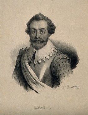 Sir Francis Drake. Lithograph by A. Maurin.