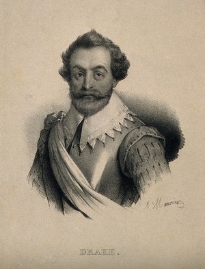 view Sir Francis Drake. Lithograph by A. Maurin.